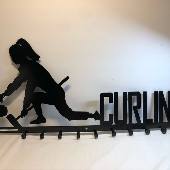 Metal Girls Curling Medal Holder 24” long, 10 hooks to hang medals - Picture 2 of 9